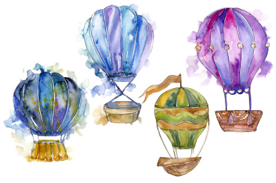 Hot air balloon PNG watercolor set