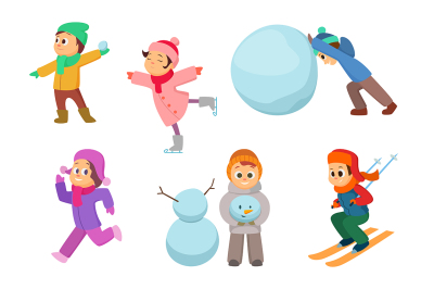 Kids playing in winter games. Different childrens in action poses