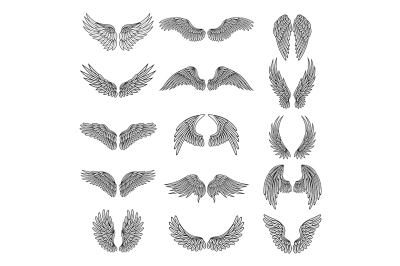 Monochrome illustrations set of different stylized wings 