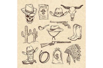 Western symbols. Cowboy, guns, saloon and other wild west pictures set