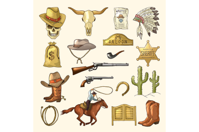 Colored illustrations of wild west symbols