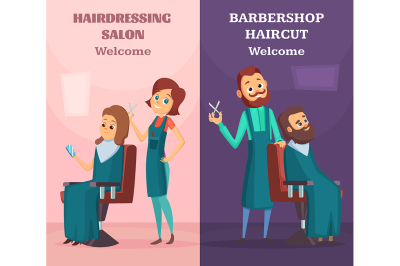 Banners set with illustrations of hairdressers at work