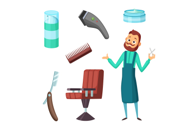 Barber at work and different illustrations of barbershop tools