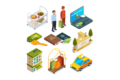 Hotel reception, isometric set of motel services illustrations