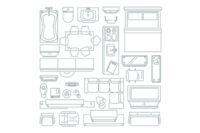 Top view of different furniture set for layout of the apartment