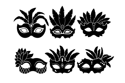 Monochrome black illustrations of carnival masks 