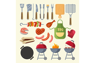 Vector cartoon illustration of meat, sauce, grill 