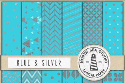 Silver And Aqua Blue Digital Paper