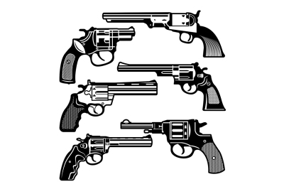 Monochrome illustrations of retro weapons. Revolvers vintage guns