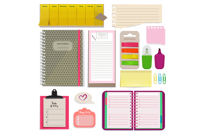 Different notebooks, notes, daily agendas and papers for organizer