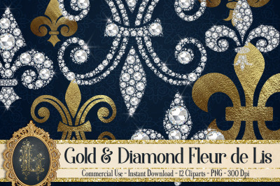 12 Gold and Diamond Fleur de Lis Royal Symbol Clip Arts