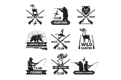 Duck&2C; bear&2C; deer and other animals for hunting. Monochrome labels set 