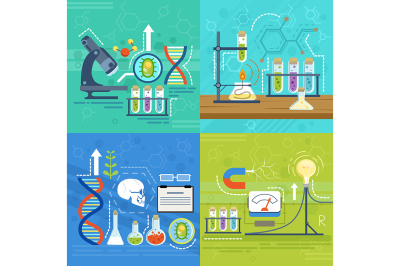 Conceptual illustrations of science with different chemist symbols