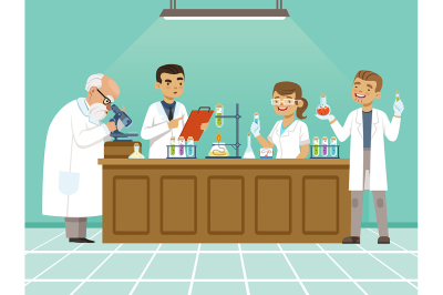 Professional chemists in their laboratory makes different experiments 