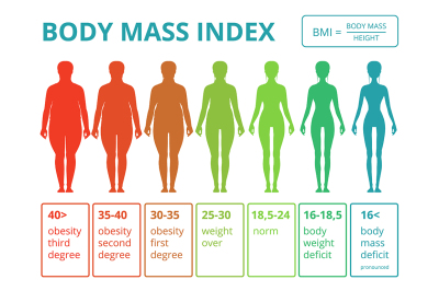 Medical infographics with illustrations of female body mass index