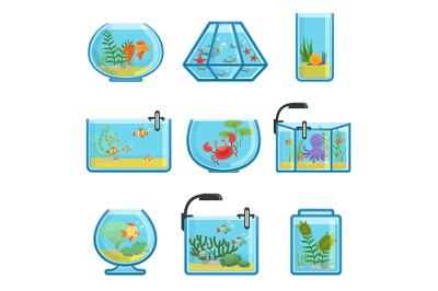 Illustrations set of different aquariums with fishes and saltwater