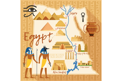 Stylized Map of Egypt with different cultural objects and landmarks