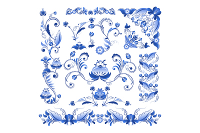 Vector borders, corners and other floral elements in Gzhel style