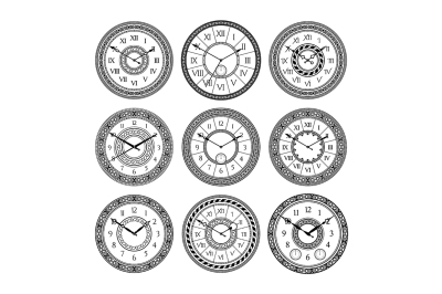 Vector set of vintage clocks. Monochrome pictures isolate