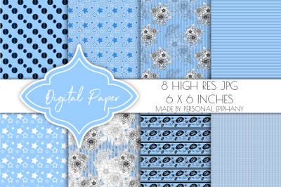 Light Blue Digital Paper, Floral Background Pattern, Scrapbook Papers