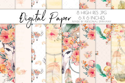 Boho Chic Digital Paper, Boho Floral Background Pattern, Scrapbooking