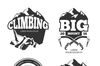 Vintage mountain climbing vector logo and labels set