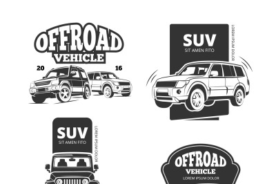 Vintage suv car vector badges, labels, logos