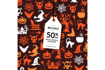 Vector halloween background with white sale tag hanging 