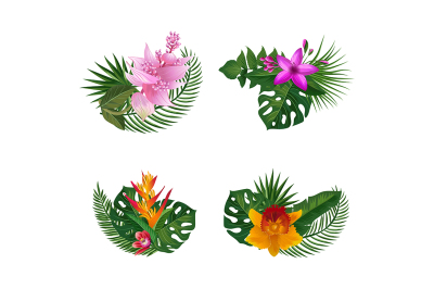 Vector tropical palm leaves and exotic flower elements bouquets 