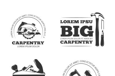 Carpentry, workshop vector labels, logos, badges and emblems with carp