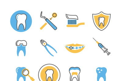 Dental care&2C; services&2C; equipment and products linear vector icons with