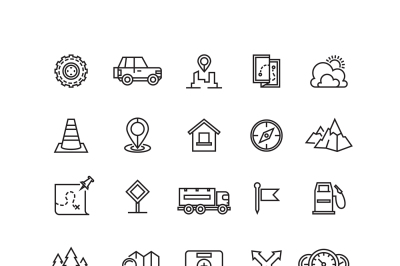 Travel, highway traffic, location vector linear icons set