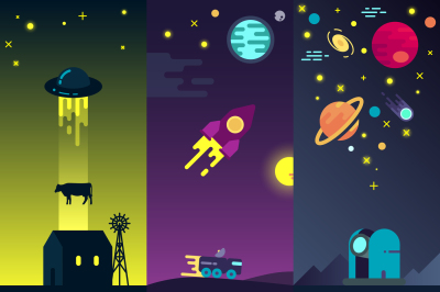 Space vector banners with flat astronomic ufo icons and planets