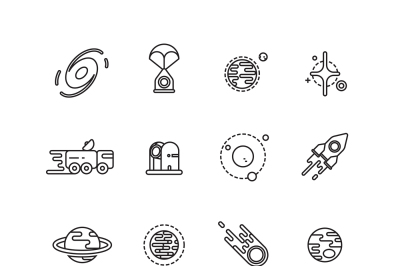 Cosmos, astronomy and astrology space line vector icons