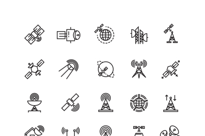 Satellite and orbit communication, aerial line thin icons