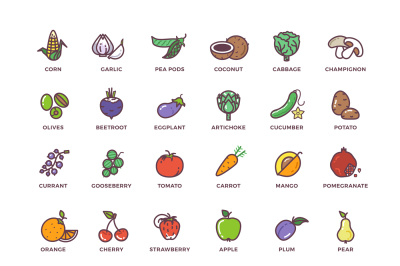 Fruit and vegetables line vector icons with flat elements