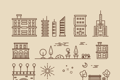 Linear cityscape, landscape elements and buildings vector icons set