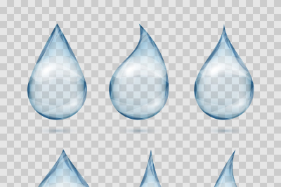 Falling transparent water drops vector set isolated on plaid backgroun