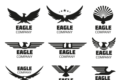 Heraldic symbols with eagle silhouettes. Vector emblems and logos set