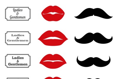 Ladies and gentlemen bathroom symbols. Vector lips moustache icons