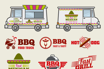 Food truck vector emblems and vehicle template