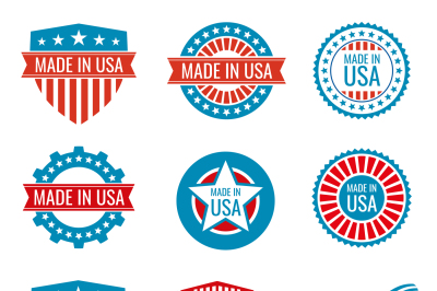 Red and blue made in the USA emblems set