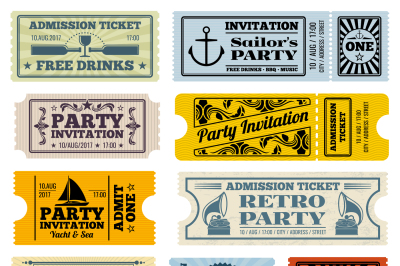 Retro party, cinema, invitation vector tickets set