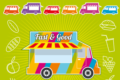 Vector poster with wagon full of tasty summer food&2C; meals&2C; drinks and 