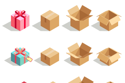 Cardboard gift boxes opened and closed. 3D isometric vector icons for 
