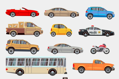 Urban&2C; city cars and vehicles transport vector flat icons set