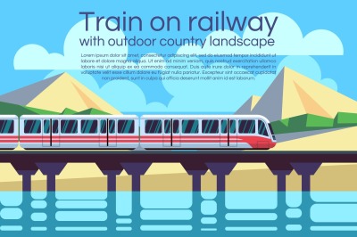 Train on railway with outdoor country landscape. Vector travel concept