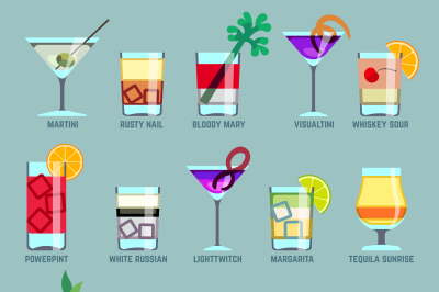 Alcohol drinks and cocktails flat vector icons