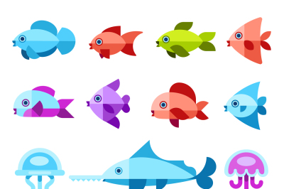 Flat marine animals vector icons