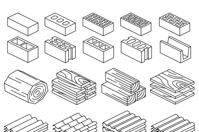 Building construction materials. 3D isometric icons